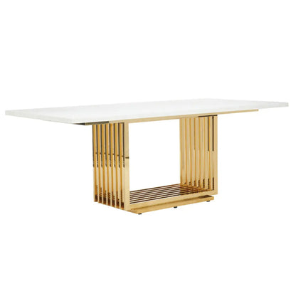 Moda Marble Dining Table In Ivory White With Gold Stainless Steel Base