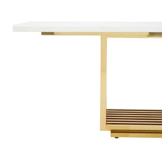 Moda Marble Dining Table In Ivory White With Gold Stainless Steel Base