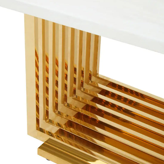 Moda Marble Dining Table In Ivory White With Gold Stainless Steel Base