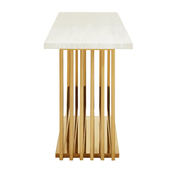 Moda Marble Console Table In Ivory White With Stainless Steel Base