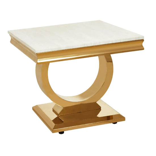 Moda Marble Side Table In Ivory White With Brushed Gold Stainless Steel Base