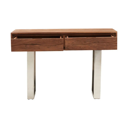 Simla Acacia Wooden Console Table With 2Drawers In Brown And Metal Legs