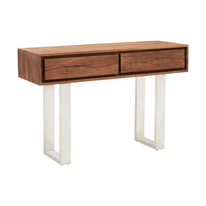 Simla Acacia Wooden Console Table With 2Drawers In Brown And Metal Legs