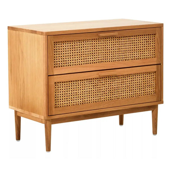 Lyon Wooden Bedside Cabinet With 2 Drawers In Natural Rattan And Oak