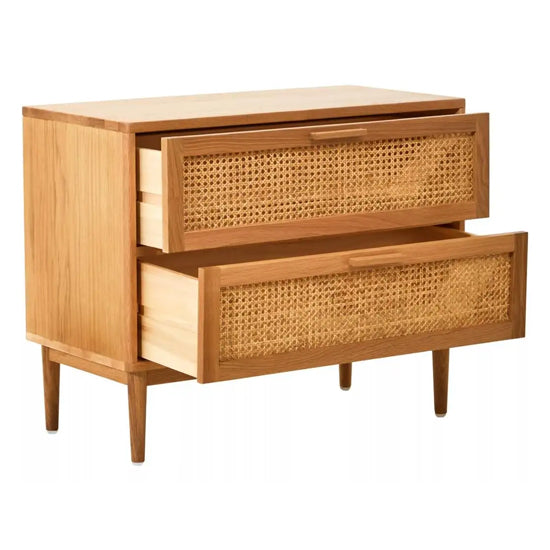 Lyon Wooden Bedside Cabinet With 2 Drawers In Natural Rattan And Oak