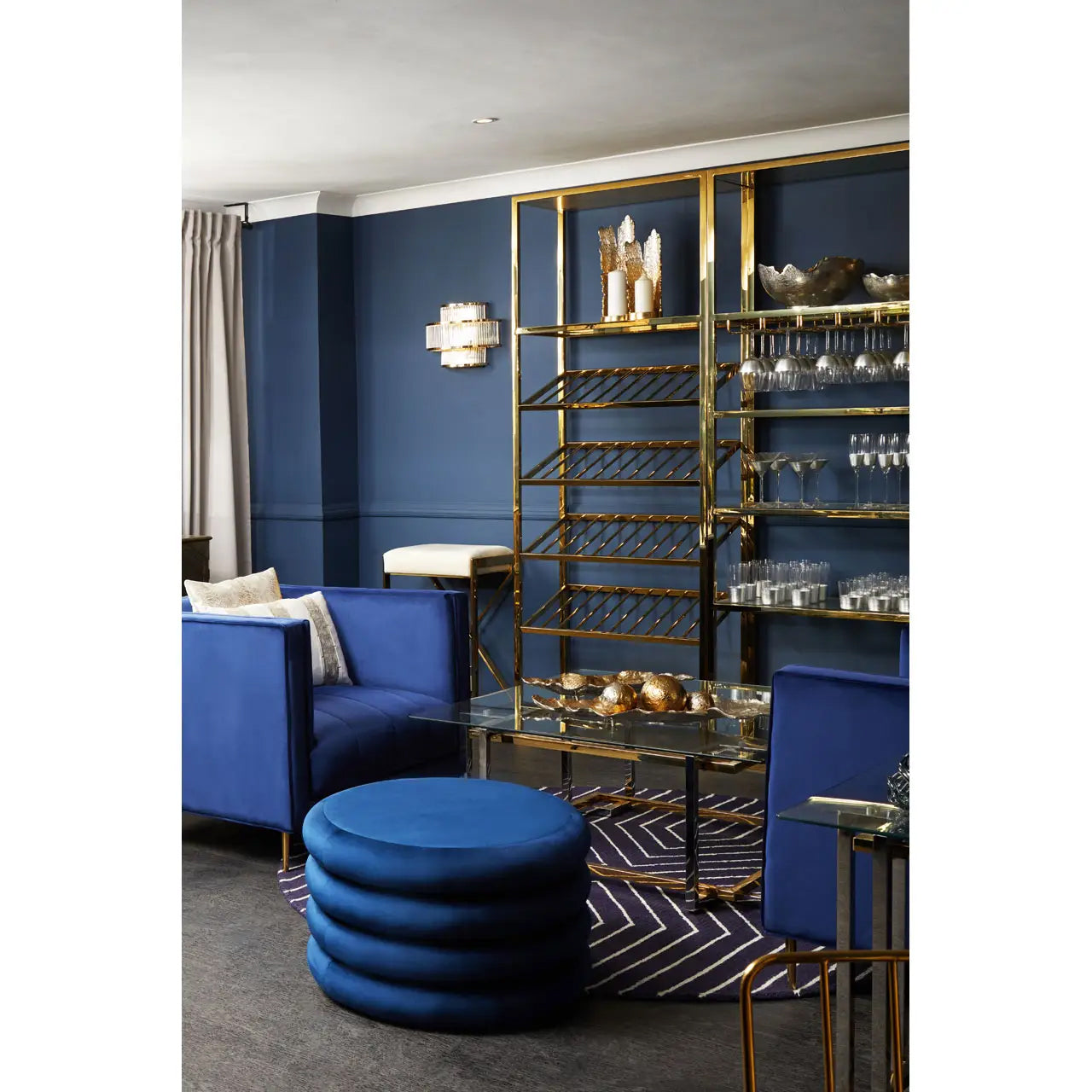 Hartford Round Velvet Stool In Midnight Blue