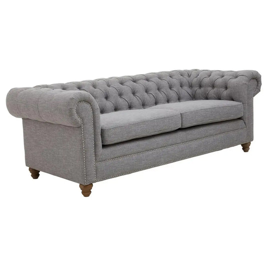 Stella Classic Chesterfield Linen Fabric 3 Seater Sofa In Grey