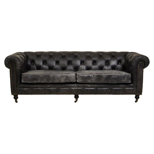 Hoxton Cow Leather 3 Seater Sofa In Ebony