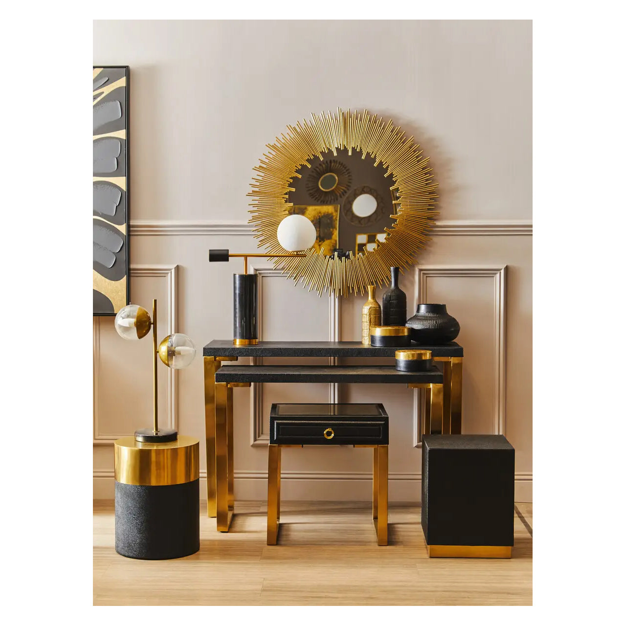 Cardoba Round Wooden Stool In Gold And Black Shagreen