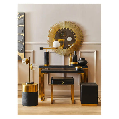 Cardoba Round Wooden Stool In Gold And Black Shagreen