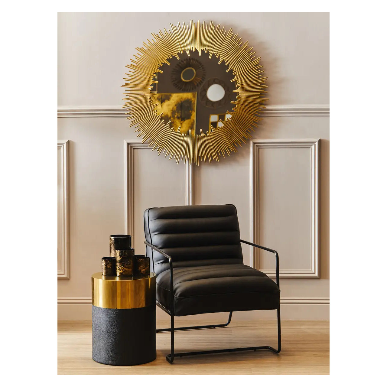 Cardoba Round Wooden Stool In Gold And Black Shagreen