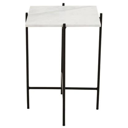 Mandoli Square Marble Side Table In White With Black Metal Frame