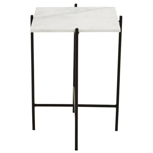 Mandoli Square Marble Side Table In White With Black Metal Frame