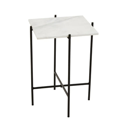 Mandoli Square Marble Side Table In White With Black Metal Frame
