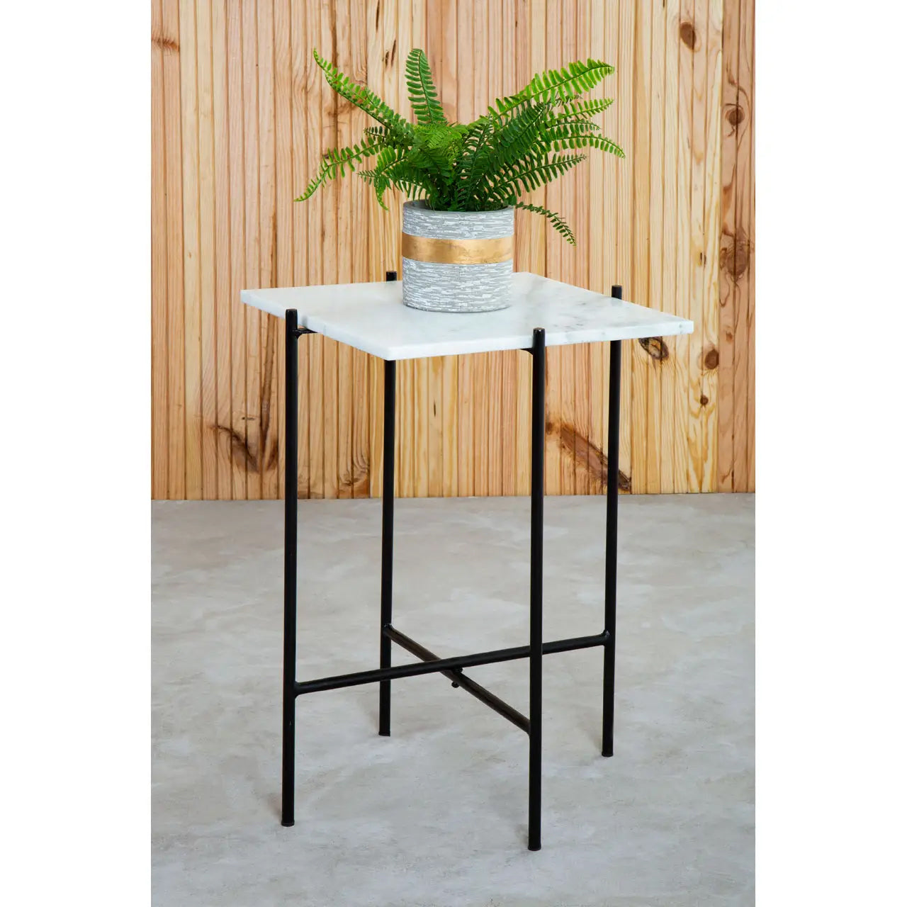 Mandoli Square Marble Side Table In White With Black Metal Frame