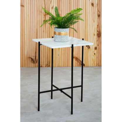 Mandoli Square Marble Side Table In White With Black Metal Frame
