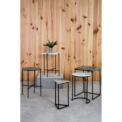Mandoli Square Marble Side Table In White With Black Metal Frame