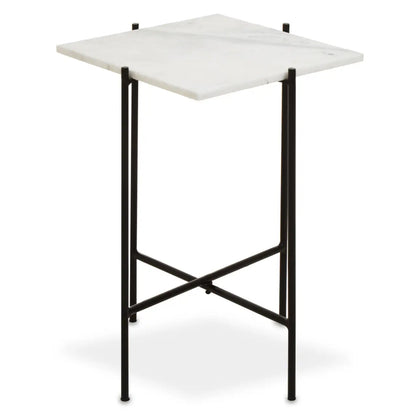 Mandoli Square Marble Side Table In White With Black Metal Frame