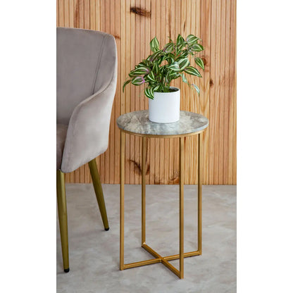 Mandoli Round Marble Side Table In Natural With Metal Frame