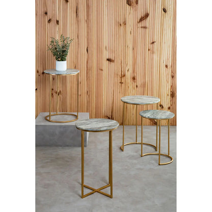 Mandoli Round Marble Side Table In Natural With Metal Frame