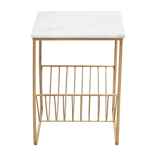Mandoli Marble Rack Side Table In White With Gold Metal Frame