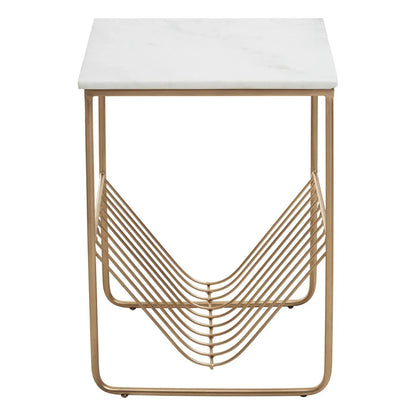 Mandoli Marble Rack Side Table In White With Gold Metal Frame