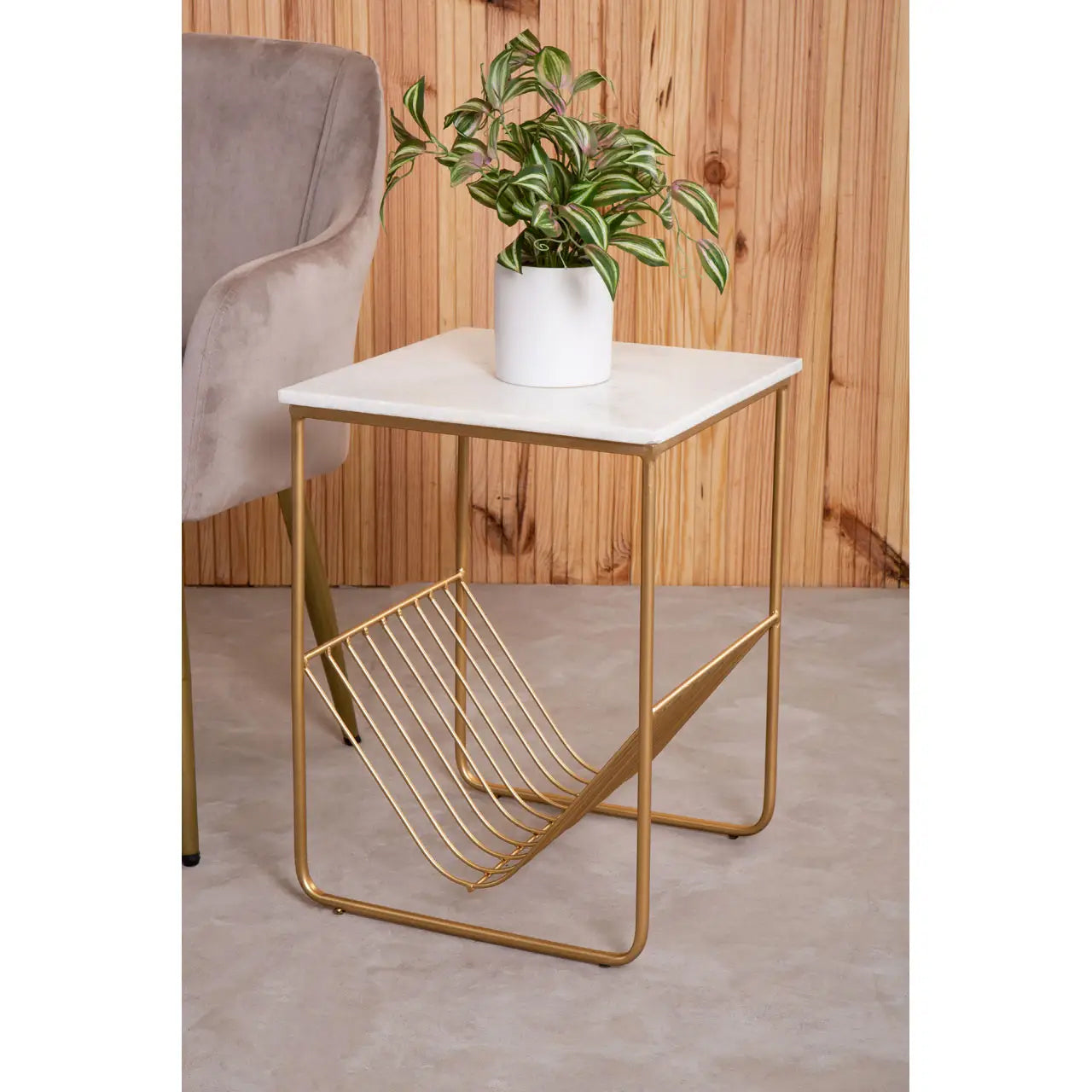 Mandoli Marble Rack Side Table In White With Gold Metal Frame