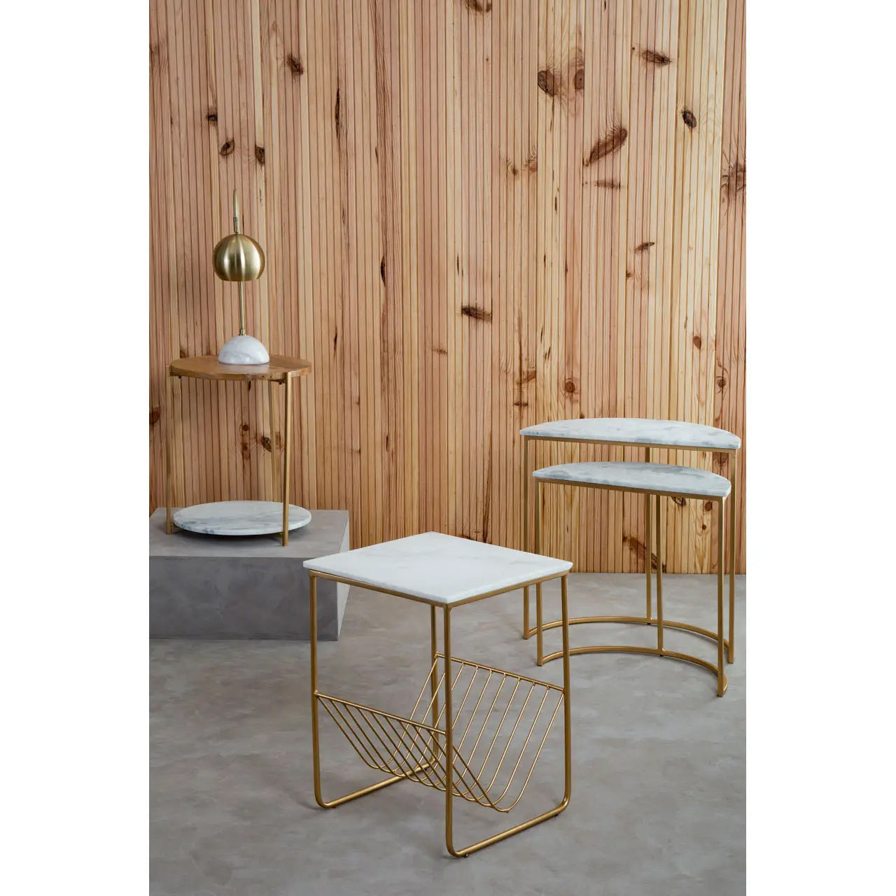 Mandoli Marble Rack Side Table In White With Gold Metal Frame