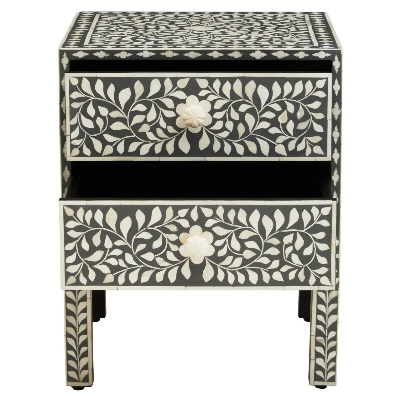 Fusion Wooden Side Table With 2 Drawers And Bone Inlay