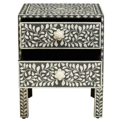 Fusion Wooden Side Table With 2 Drawers And Bone Inlay