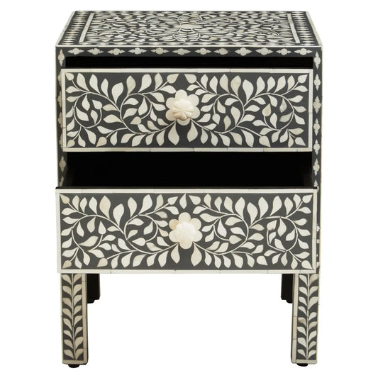 Fusion Wooden Side Table With 2 Drawers And Bone Inlay