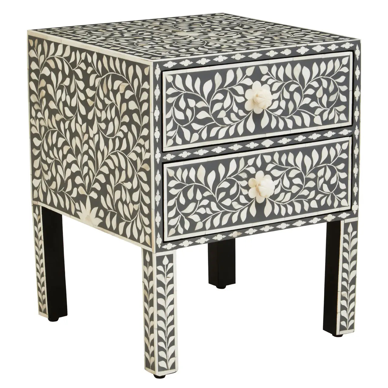 Fusion Wooden Side Table With 2 Drawers And Bone Inlay