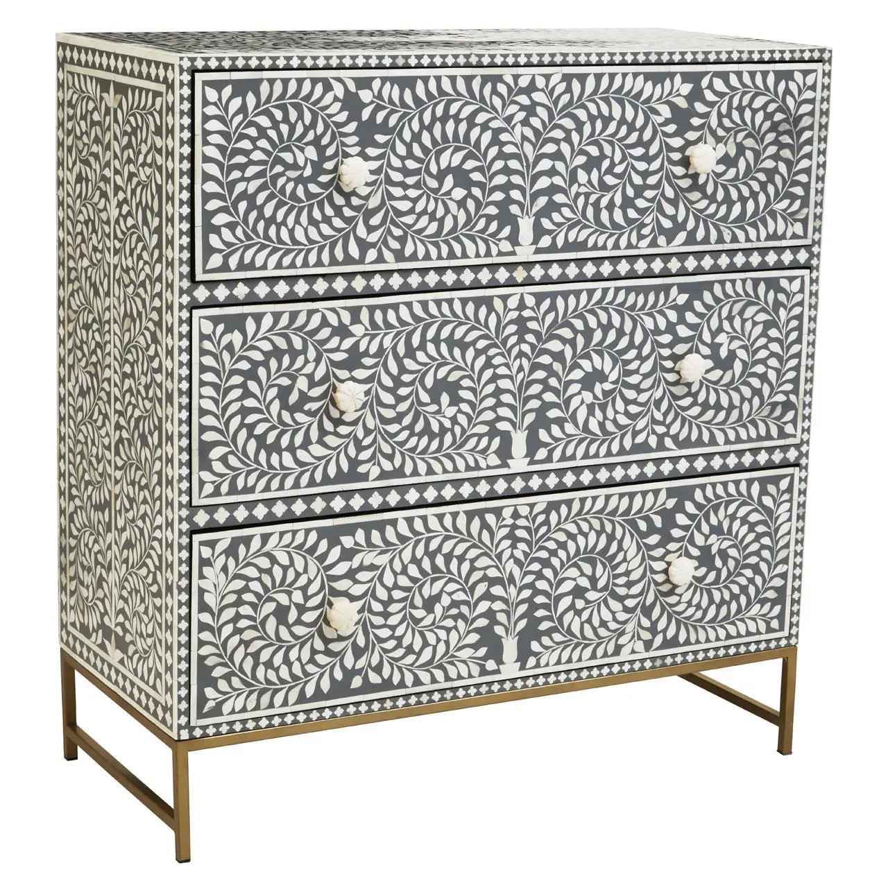 Fusion Wooden Chest Of 3 Drawers In Grey And Bone Inlay
