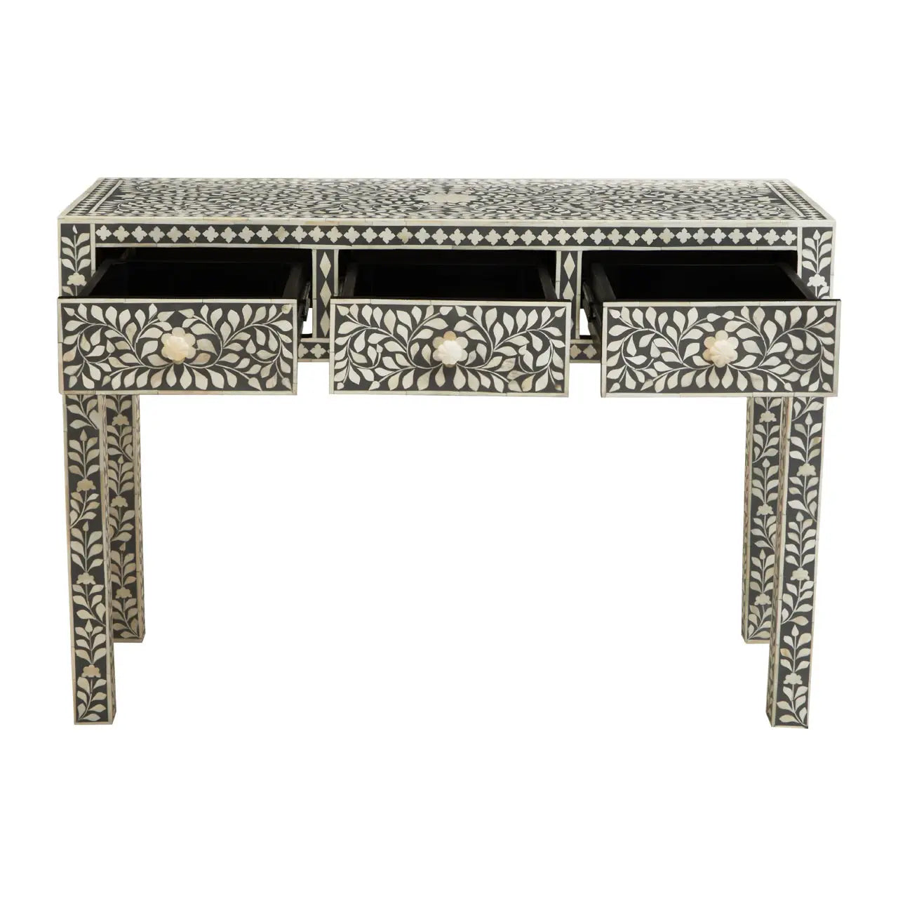 Fusion Wooden Computer Desk With 3 Drawers In Grey And Bone Inlay