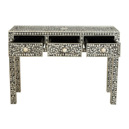 Fusion Wooden Computer Desk With 3 Drawers In Grey And Bone Inlay