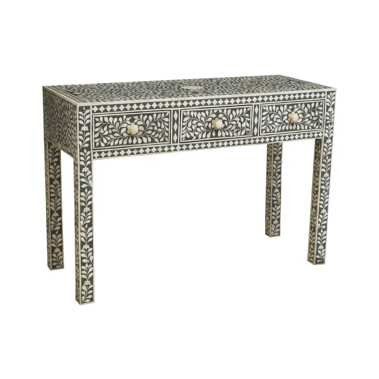 Fusion Wooden Computer Desk With 3 Drawers In Grey And Bone Inlay
