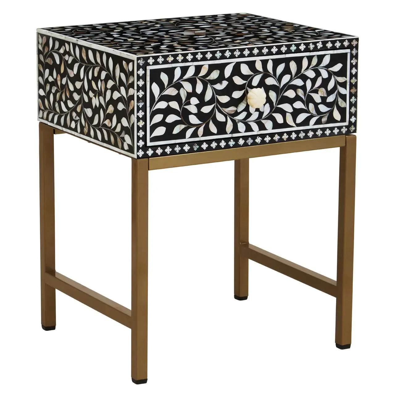Fusion Wooden Side Table With 1 Drawer And Bone Inlay