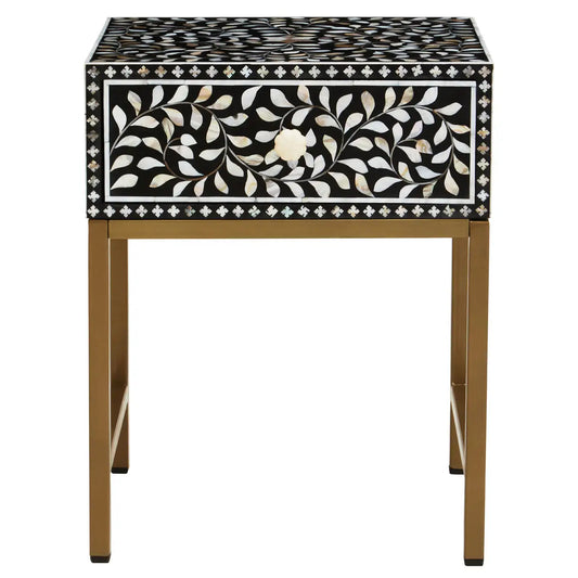 Fusion Wooden Side Table With 1 Drawer And Bone Inlay