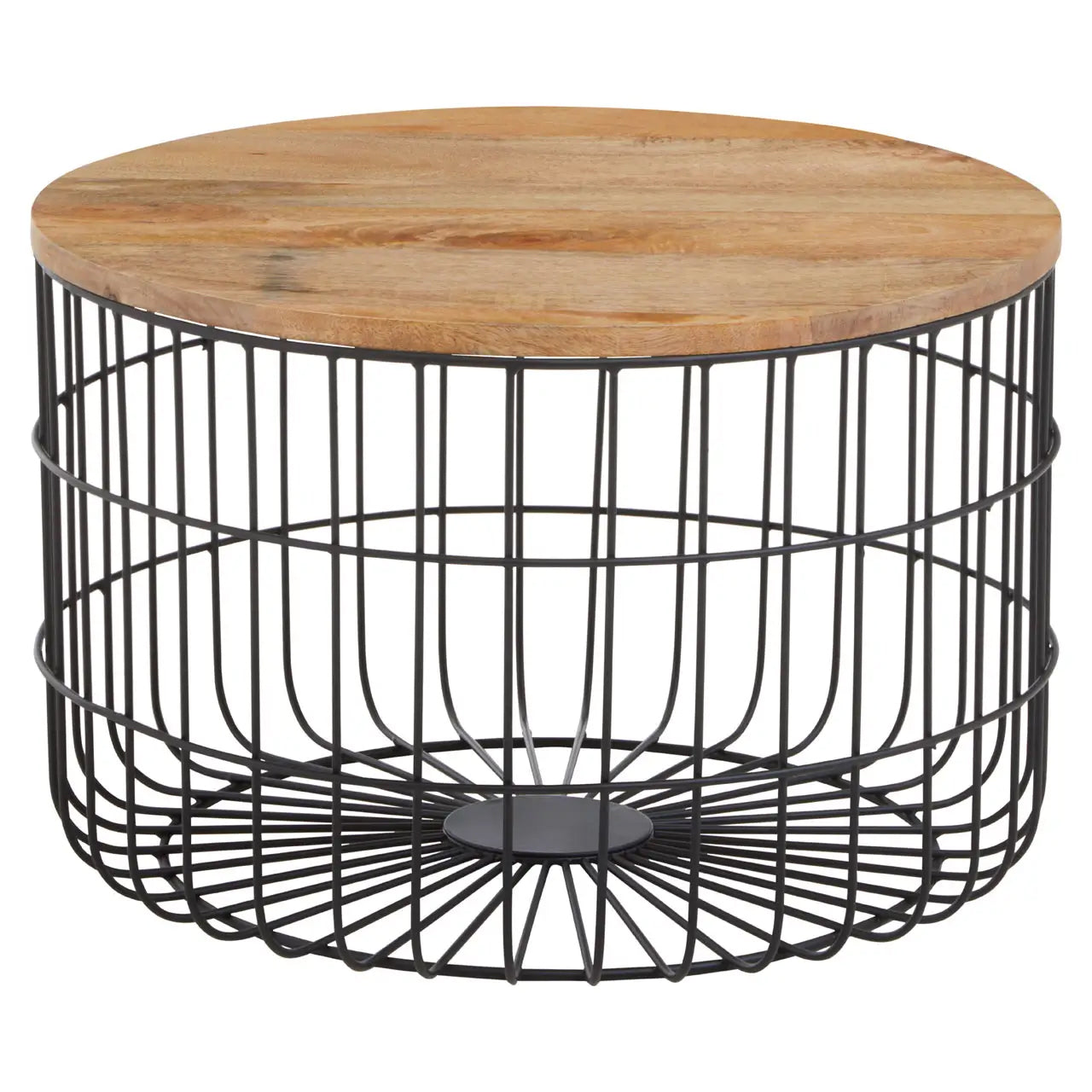 Pali Round Wooden Top Side Table With Black Iron Cage Base