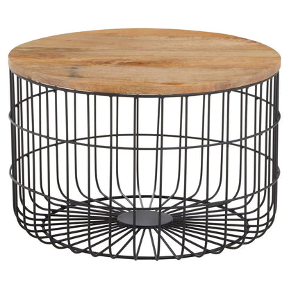 Pali Round Wooden Top Side Table With Black Iron Cage Base