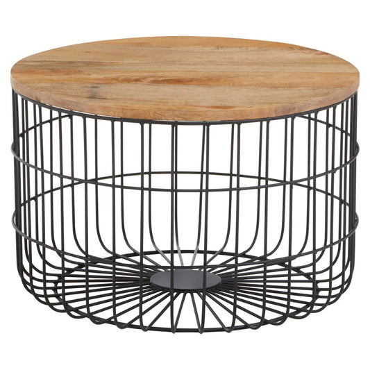 Pali Round Wooden Top Side Table With Black Iron Cage Base