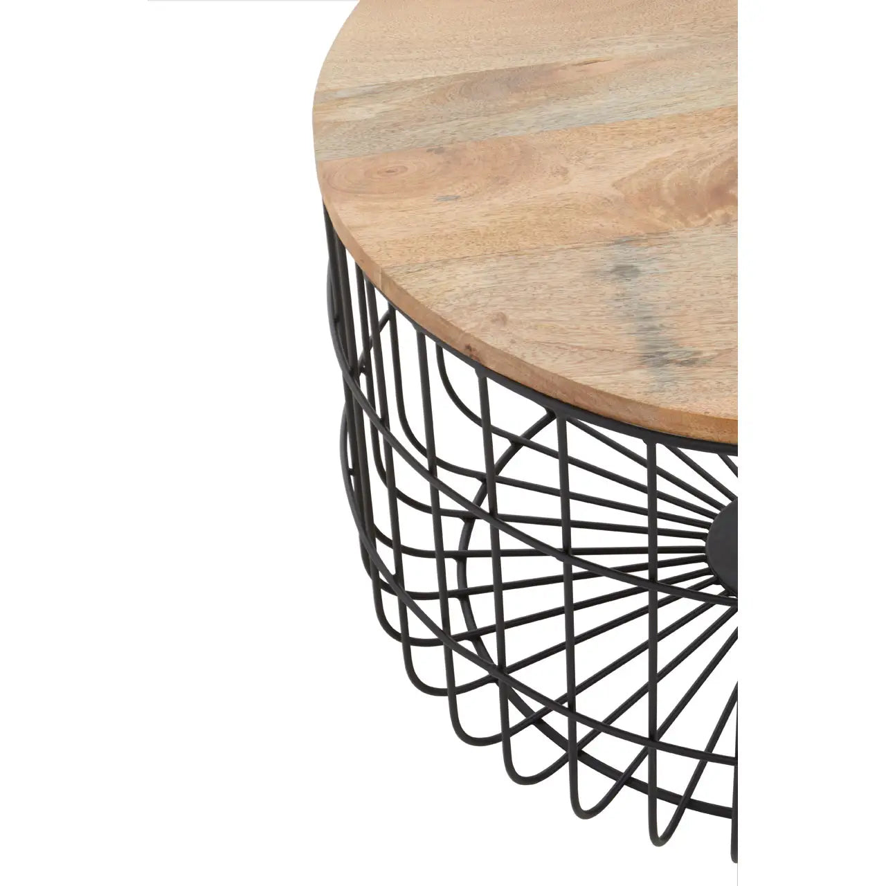 Pali Round Wooden Top Side Table With Black Iron Cage Base