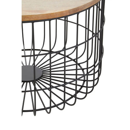 Pali Round Wooden Top Side Table With Black Iron Cage Base