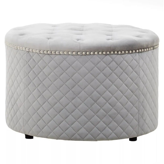 Zamora Round Velvet Ottoman In Grey
