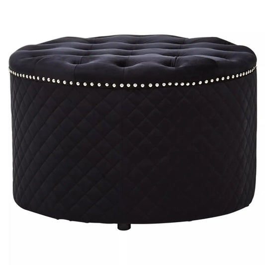 Zamora Round Velvet Ottoman In Black