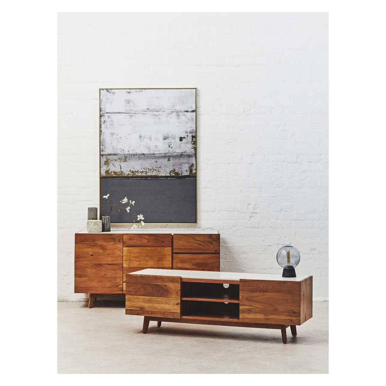 Myan Marble Top TV Stand In White With 2 Doors