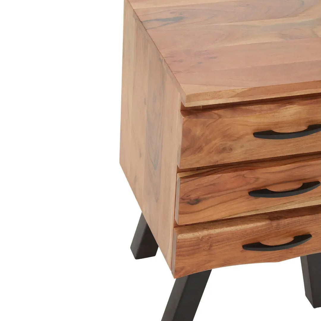 Nashik Acacia Wooden Side Table With 3 Drawers In Natural