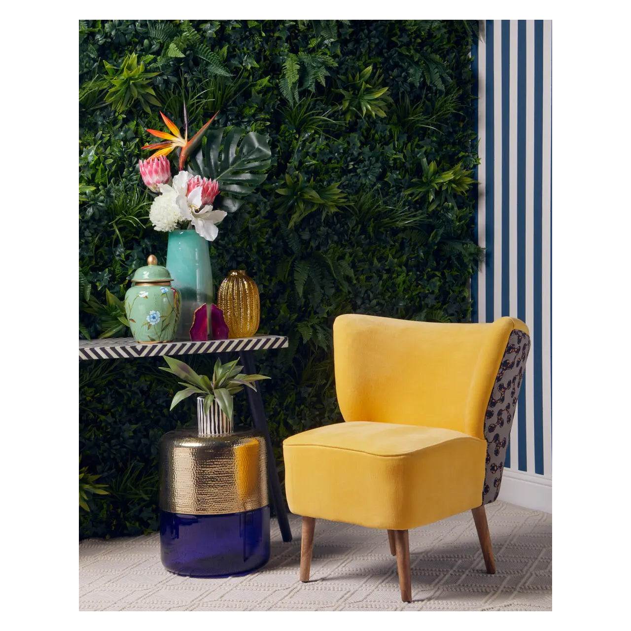 Cefena Cotton Fabric Peacock Accent Chair In Yellow