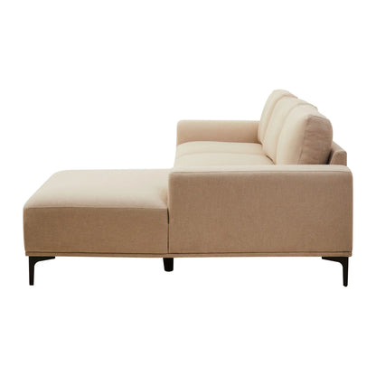 Toulon Fabric Left Chaise 3 Seater Sofa In Natural With Black Metal Legs