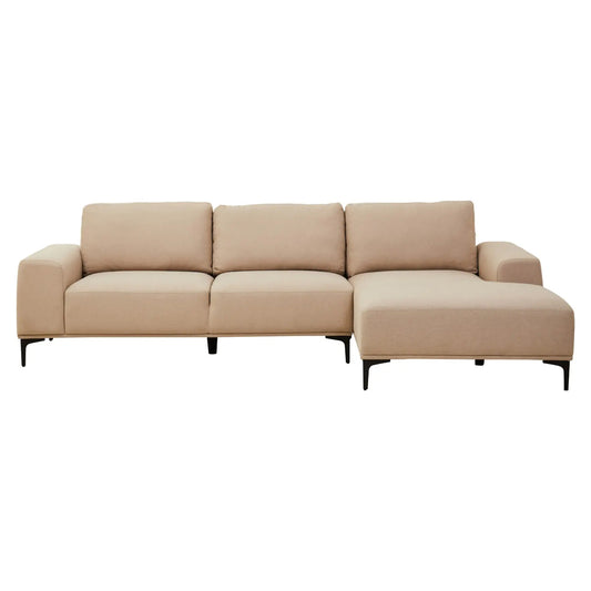 Toulon Fabric Left Chaise 3 Seater Sofa In Natural With Black Metal Legs